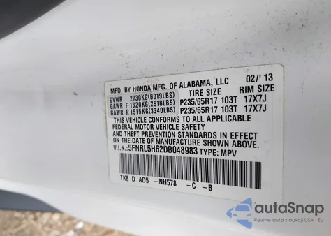 2013 Honda Odyssey Ex-L из США, поврежденный, VIN 5FNRL5H62DB048983